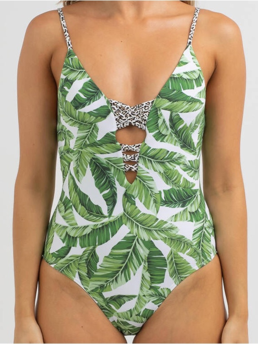 Kaiami swim Green Palm Leaf One-Piece Swimsuit with Leopard Accent BIN#9